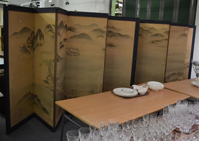 Lot 1554 - A pair of six leaf Japanese dressing screens with hand painted panels, with original pine box