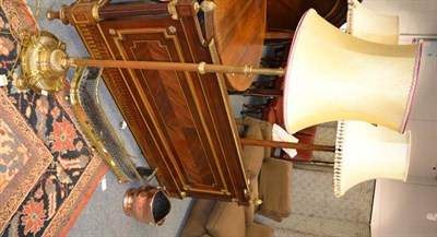 Lot 1560 - A late 19th century brass adjustable standard lamp, a brass pierced fire curb and a copper coal...