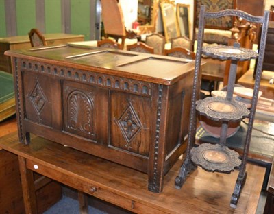 Lot 1588 - Reproduction oak blanket chest and a three tier hardwood and brass inlaid cake stand