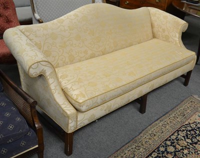 Lot 1688 - George III style two seater settee upholstered in yellow and gold fabric, with squab cushion raised