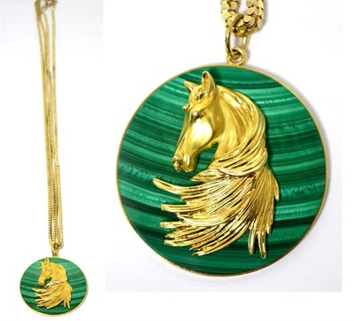Lot 4 - A French malachite pendant, the circular malachite plaque with applied horses head within a...
