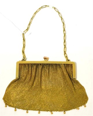 Lot 5 - A 9ct gold mesh purse, the square frame with a simple twist opening with beaded detail, on a...