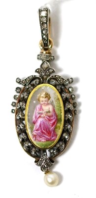 Lot 7 - A French rose cut diamond and pearl enamelled Limoges pendant, a central enamel plaque...
