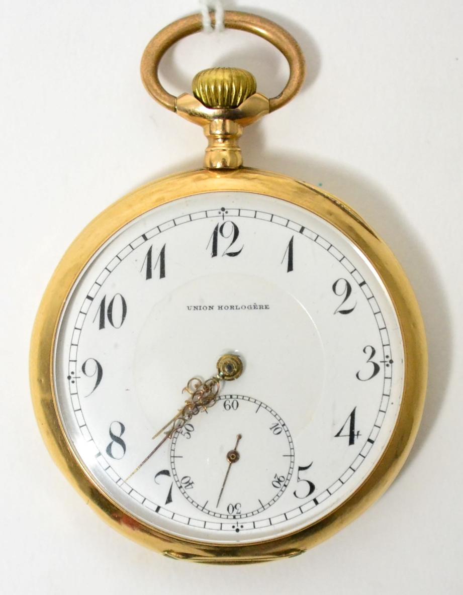 Lot 22 - A 14ct gold open faced pocket watch, signed Union Horlogere, circa 1920, lever movement, enamel...