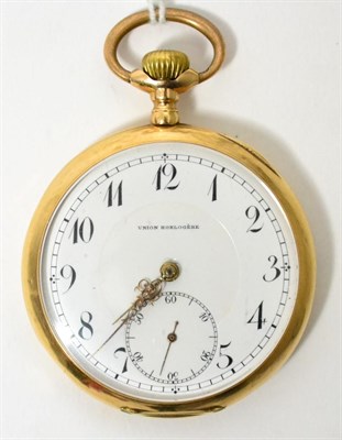Lot 22 - A 14ct gold open faced pocket watch, signed Union Horlogere, circa 1920, lever movement, enamel...
