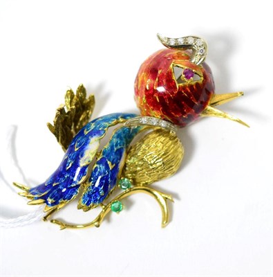 Lot 28 - A diamond and gem set enamelled bird brooch, of abstract form and enamelled in tones of orange...