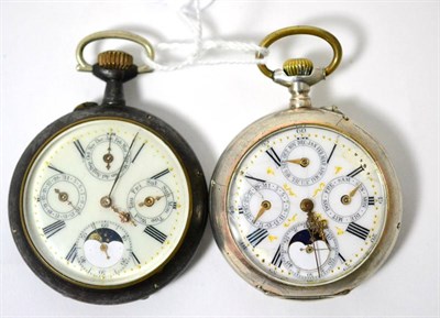 Lot 31 - Two triple calendar with moon phase pocket watches, the first, lever movement, dial with three...