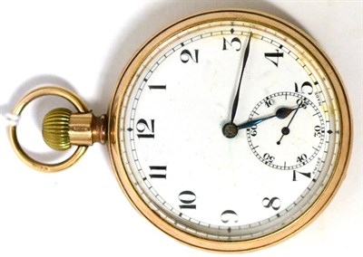 Lot 34 - A 9ct gold open faced pocket watch, 1924, lever movement, enamel dial with Arabic numerals,...