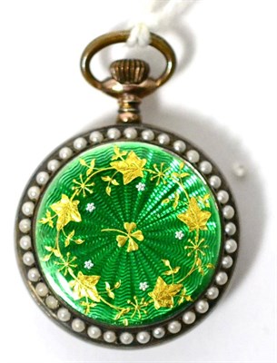 Lot 35 - An enamel and split pearl set fob watch, 1910, cylinder movement, enamel dial with Arabic numerals