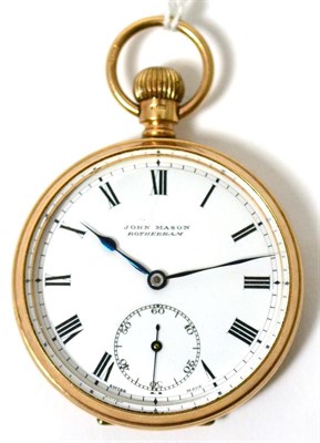 Lot 40 - A 9ct gold open faced pocket watch, signed John Mason, Rotherham, 1925, lever movement, enamel dial