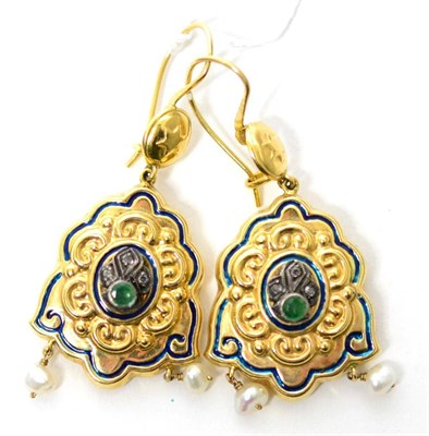 Lot 54 - A pair of emerald, pearl and enamel drop earrings, star motif studs suspend fancy scroll drops...