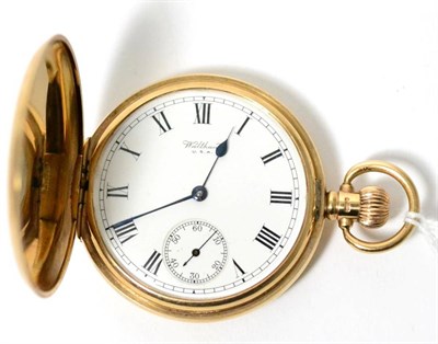 Lot 55 - A 9ct gold full hunter pocket watch, signed Waltham, 1923, lever movement signed, enamel dial...