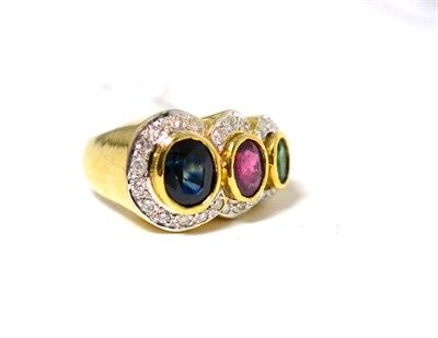 Lot 66 - A multi-gemstone and diamond ring, a graduated oval cut sapphire, ruby and emerald in yellow rubbed