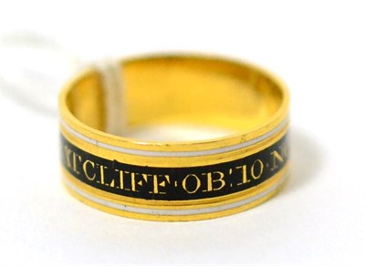 Lot 81 - A 22ct gold George III mourning ring, a black central enamel band picked out to read 'Stephen...