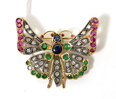 Lot 83 - A diamond and multi-gemstone butterfly brooch, set with round cut sapphires, rubies and...