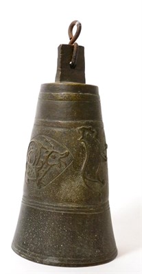 Lot 110 - A Chinese bronze gong, Qing Dynasty, of archaic form cast with mythical beasts, 32cm high