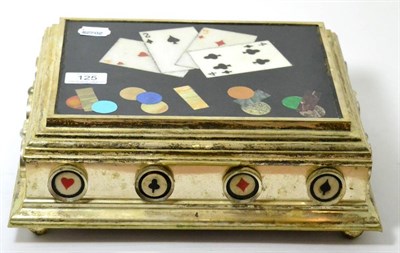 Lot 125 - A pietra dura mounted silver plate games box, the top set with cards and counters, the sides...