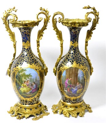Lot 126 - A pair of gilt metal mounted Sevres style porcelain vases, late 19th century, painted with...