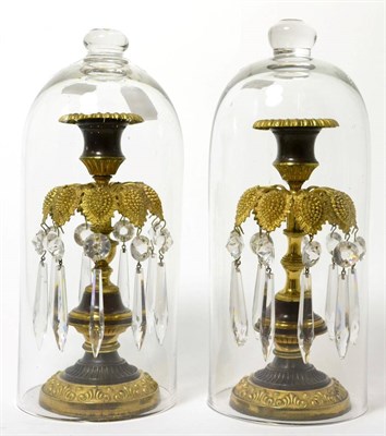 Lot 132 - A pair of Regency gilt and patinated table lustres, with urn sconces and facetted drops, 20cm high