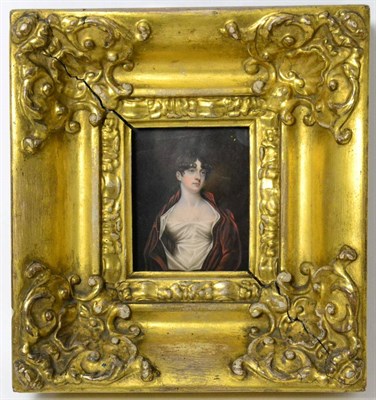 Lot 138 - English School (19th century): a miniature bust portrait of a lady wearing a white dress and...