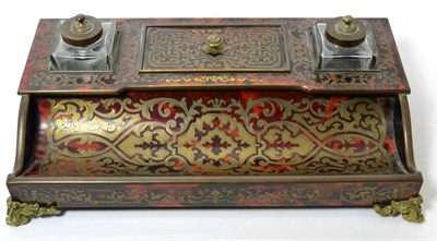 Lot 146 - A boulle inkstand, mid 19th century, with central covered compartment flanked by two inkwells,...