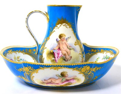 Lot 147 - A Sevres porcelain ewer and basin, the porcelain 18th century, decoration later, painted with...