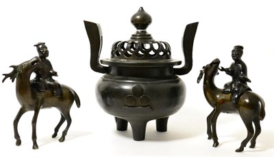 Lot 163 - A Chinese bronze censor and cover of urn form, 25cm high; and a pair of bronze figures of sages...
