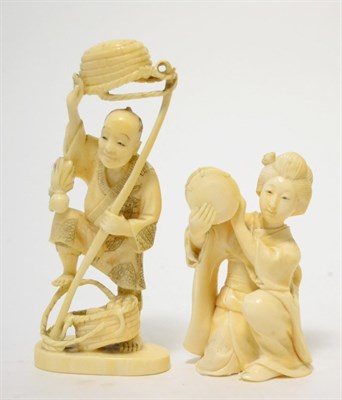 Lot 185 - A Japanese ivory inro, Meiji period, as a kneeling girl playing a drum, 9cm high; and a similar...