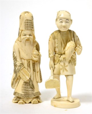 Lot 187 - A Japanese ivory okimono of Fukurokuju, 13cm high; and a similar figure of a farmer holding a...
