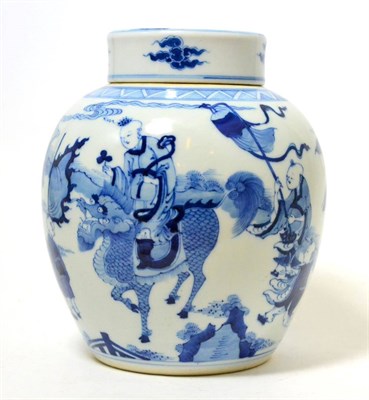 Lot 193 - Chinese blue and white jar and cover, in Kangxi style, painted in underglaze blue with a...