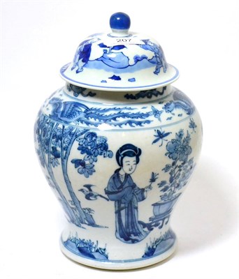 Lot 207 - Chinese blue and white jar and cover. in Kangxi style, decorated in underglaze blue with figures in