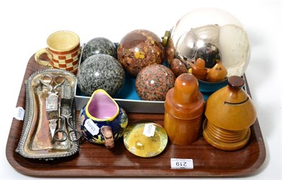 Lot 219 - A Witch's ball, three granite carpet bowls, a marble carpet bowl, two old Sheffield plate...